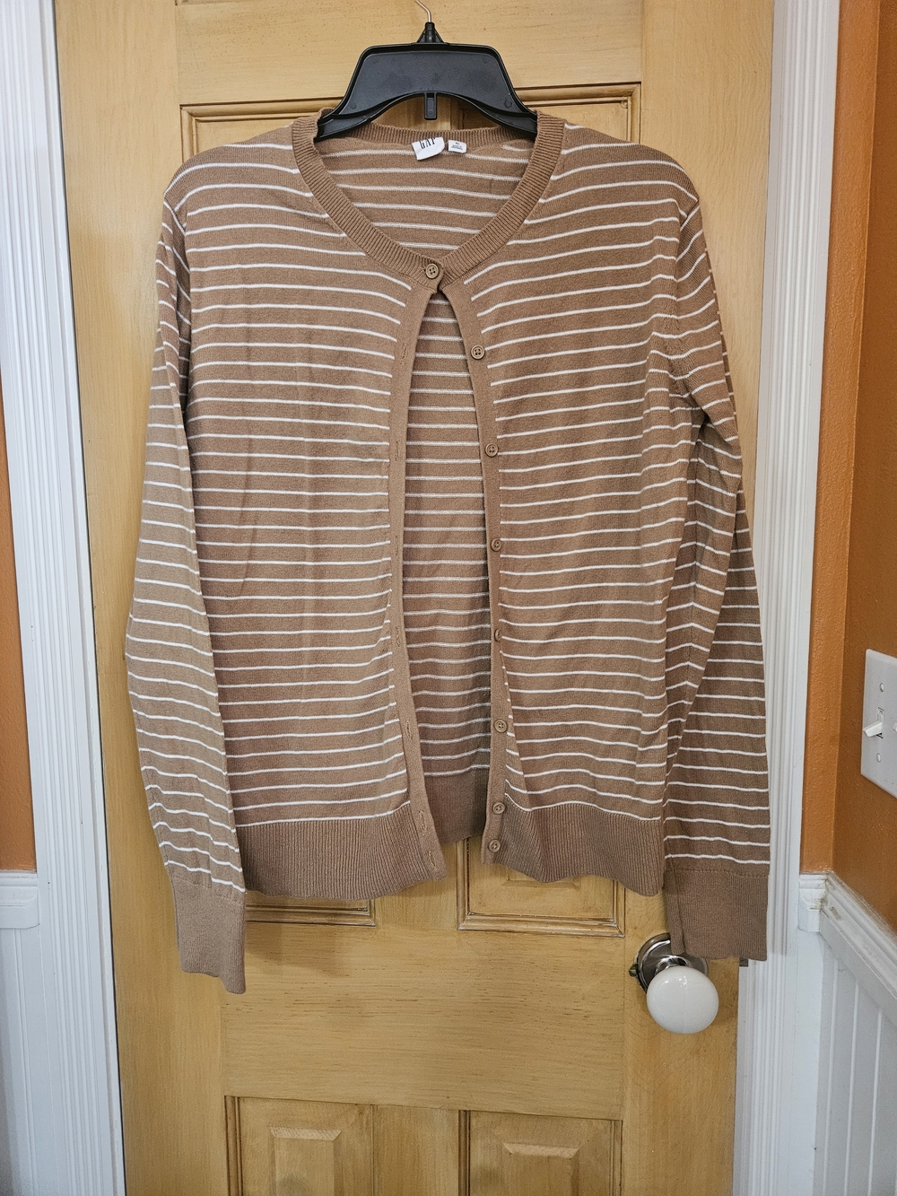 Gap Striped Crewneck Cardigan Sweater in Light Brown and White